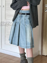 Hnewly Pleated Denim Skirt Women Korean Fashion Vintage High Waist Knee-Length A-Line Midi Casual